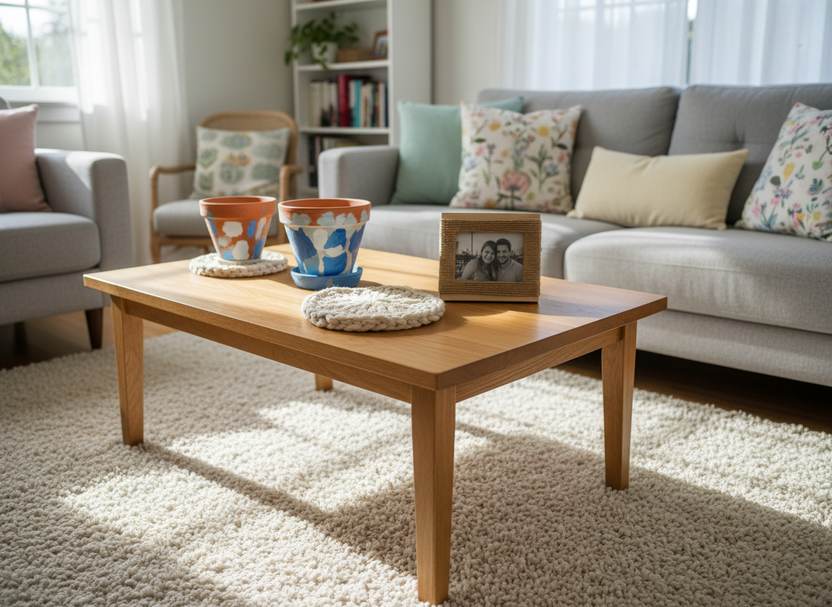A bright and cozy living room corner centered around a low, honey-colored oak coffee table scattered with DIY decor projects: a hand-painted terracotta pot, a chunky knit coaster, and a small wooden picture frame wrapped in twine. The table sits on a soft cream shag rug beside a light gray fabric sofa layered with pastel throw pillows in playful patterns. Soft morning sunlight filters through gauzy white curtains, casting dappled light and gentle shadows. Photographic realism from a slightly elevated, three-quarter angle with shallow depth of field keeps the focus on the handmade details, while the rest of the room softly blurs into an inviting, relaxed atmosphere that feels approachable and creative.