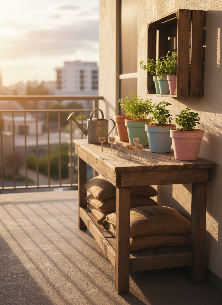 A rustic potting bench on a small apartment balcony, its weathered wooden surface covered with DIY garden decor: painted clay pots in pastel colors, tiny hand-lettered plant markers, and a repurposed wooden crate used as a vertical herb garden. Bags of soil are neatly folded nearby, and a metal watering can with a slightly worn finish rests at the edge. Golden hour sunlight bathes the scene in a warm glow, casting long, soft shadows across textured concrete flooring. Photographic realism captured from a slightly elevated angle using the rule of thirds, creating a dreamy, hopeful atmosphere that celebrates small-space gardening and playful creativity.