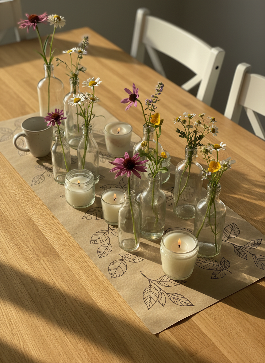 A playful dining table centerpiece composed of DIY elements: clear glass bottles in assorted heights repurposed as vases holding single stems of wildflowers, a runner made from kraft paper doodled with simple hand-drawn leaves, and a scattering of hand-poured soy candles in tiny mismatched jars. The table is light natural wood, lightly textured, and surrounded by simple white chairs just at the frame’s edge. Late afternoon natural light streams in from the side, creating warm highlights on the glass and flickering reflections from the candle flames. Photographic realism from a slightly elevated, diagonal angle with asymmetrical composition creates a casual, welcoming atmosphere that feels both creative and easy to recreate.