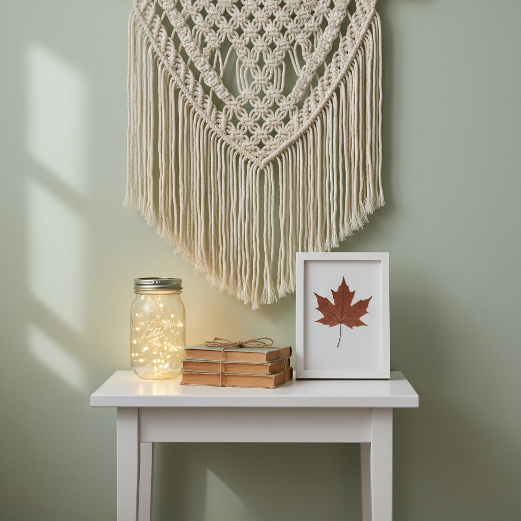 A serene bedroom nook featuring a simple white bedside table styled with DIY decor: a mason jar turned into a fairy-light lamp, a small stack of paperback books tied with jute twine, and a minimalist picture frame housing a pressed leaf. Behind it, a pale sage-green wall is adorned with a handmade macramé wall hanging in natural cotton. Soft, diffused morning light from an unseen window creates a gentle gradient on the wall, with delicate shadows from the macramé knots. Photographic realism at eye level with a shallow depth of field keeps the decor in crisp focus, conveying a calm, dreamy, and slightly whimsical mood suited to cozy home inspiration.