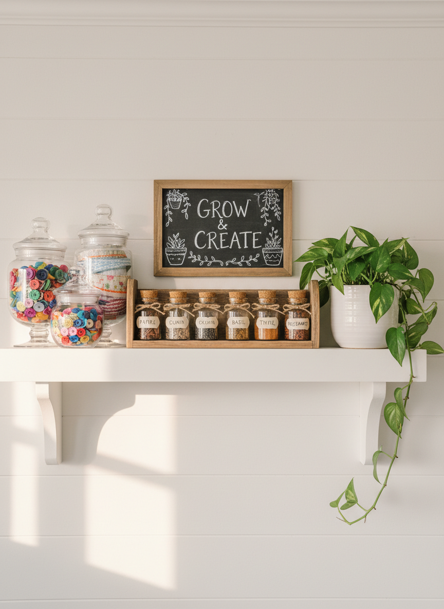 A clean, white farmhouse-style kitchen shelf styled with DIY home decor: glass jars filled with colorful buttons and ribbons, a small chalkboard with whimsical hand-drawn plants, and a simple reclaimed-wood spice rack holding mismatched labeled jars. A trailing pothos plant spills from a matte ceramic pot, adding fresh green texture. Diffused afternoon light washes in from an unseen window, creating soft highlights on the glass and subtle shadows along the shiplap wall. Photographic realism with an eye-level, straight-on composition and balanced framing emphasizes organization and charm, evoking a playful yet practical mood perfect for inspiring easy home projects.