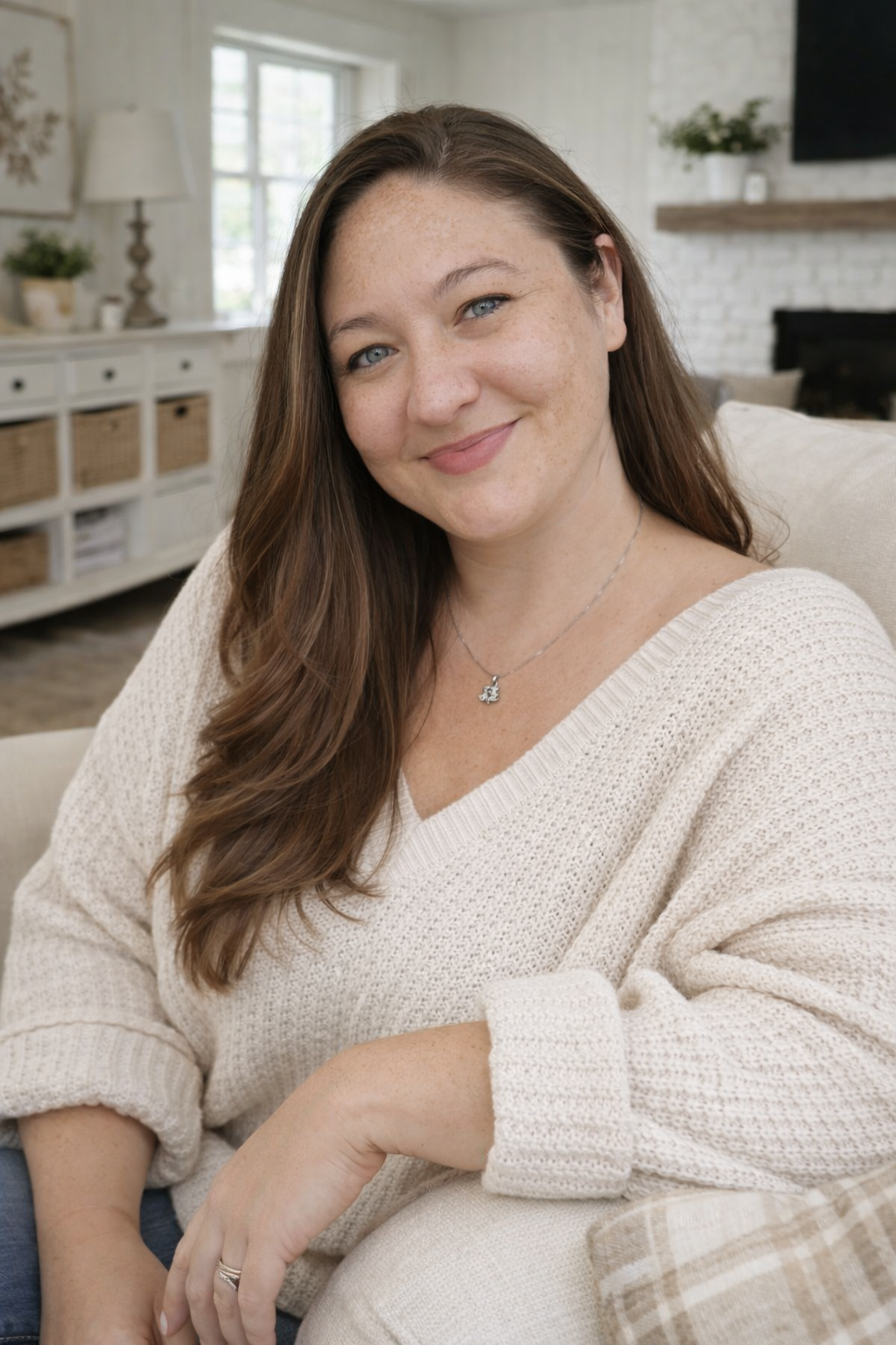 Danielle Creator of Make too Blog. Sitting in a decorated room in a white sweater. 